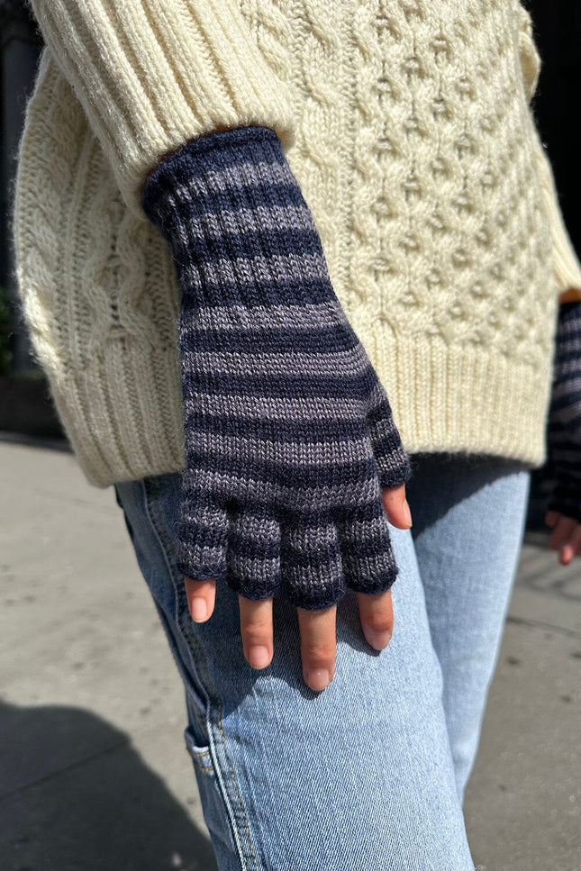 Fingerless Wool Striped Gloves - White and Black Stripe