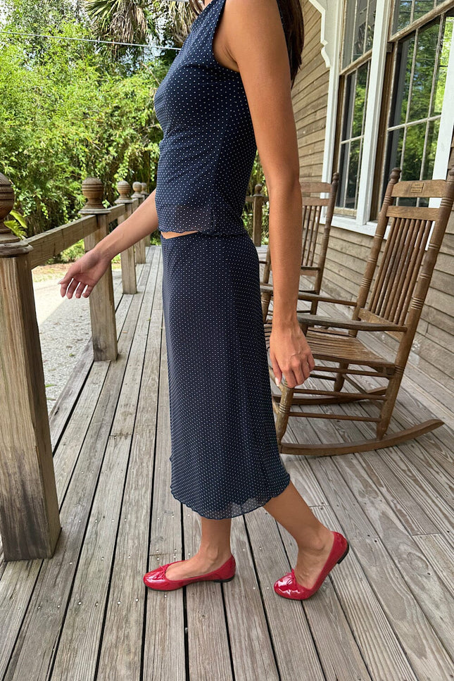 Sephira Polka Dots Midi Skirt - Navy Blue with White Polka Dots