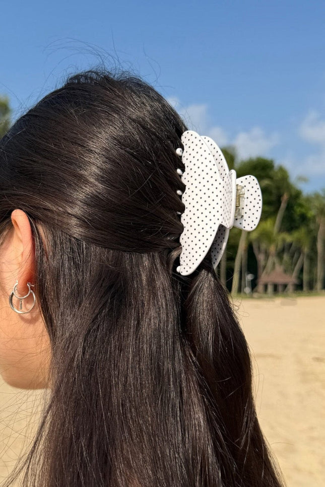 Hair Claw Clip - White With Black Polka Dots