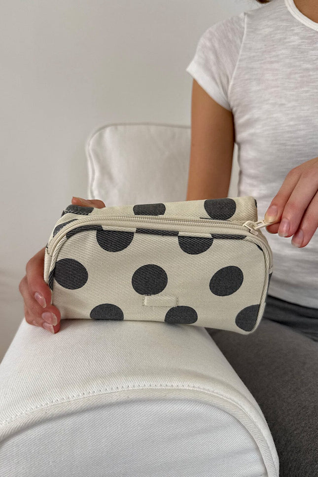Polka Dots Makeup Bag - Ivory with Faded Black Polka Dots