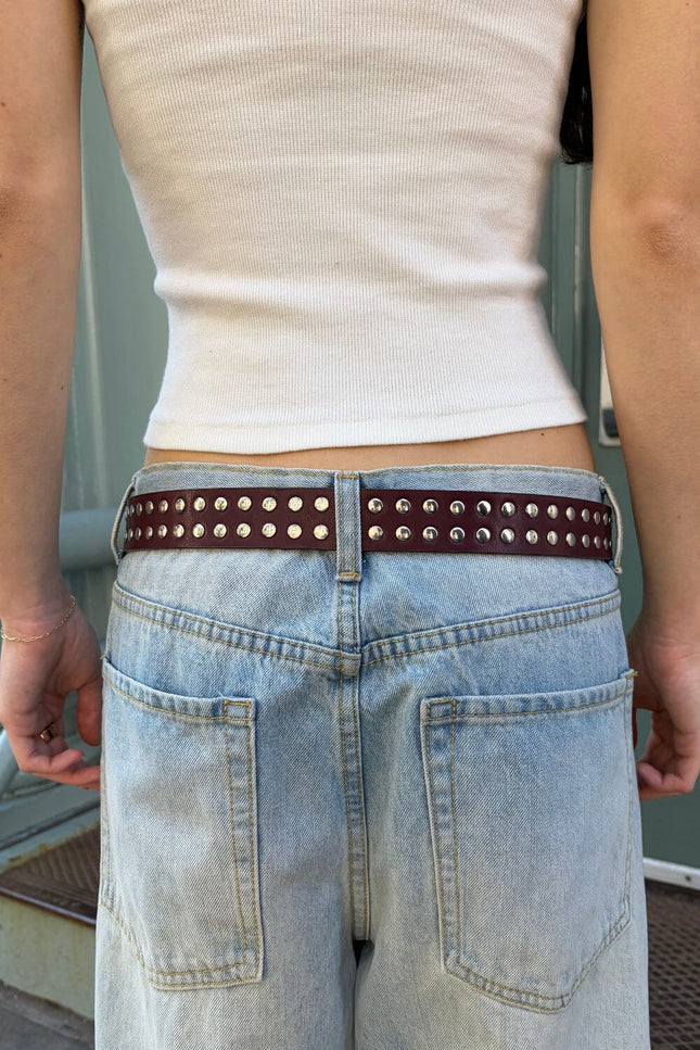 Faux Leather Stud Belt - Brown
