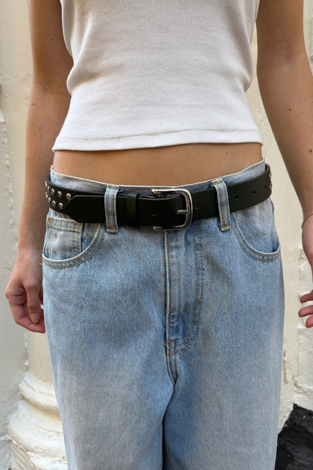 Faux Leather Stud Belt - Dark Green