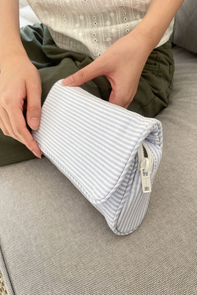 Stripe Makeup Bag - Light Blue with White Stripes